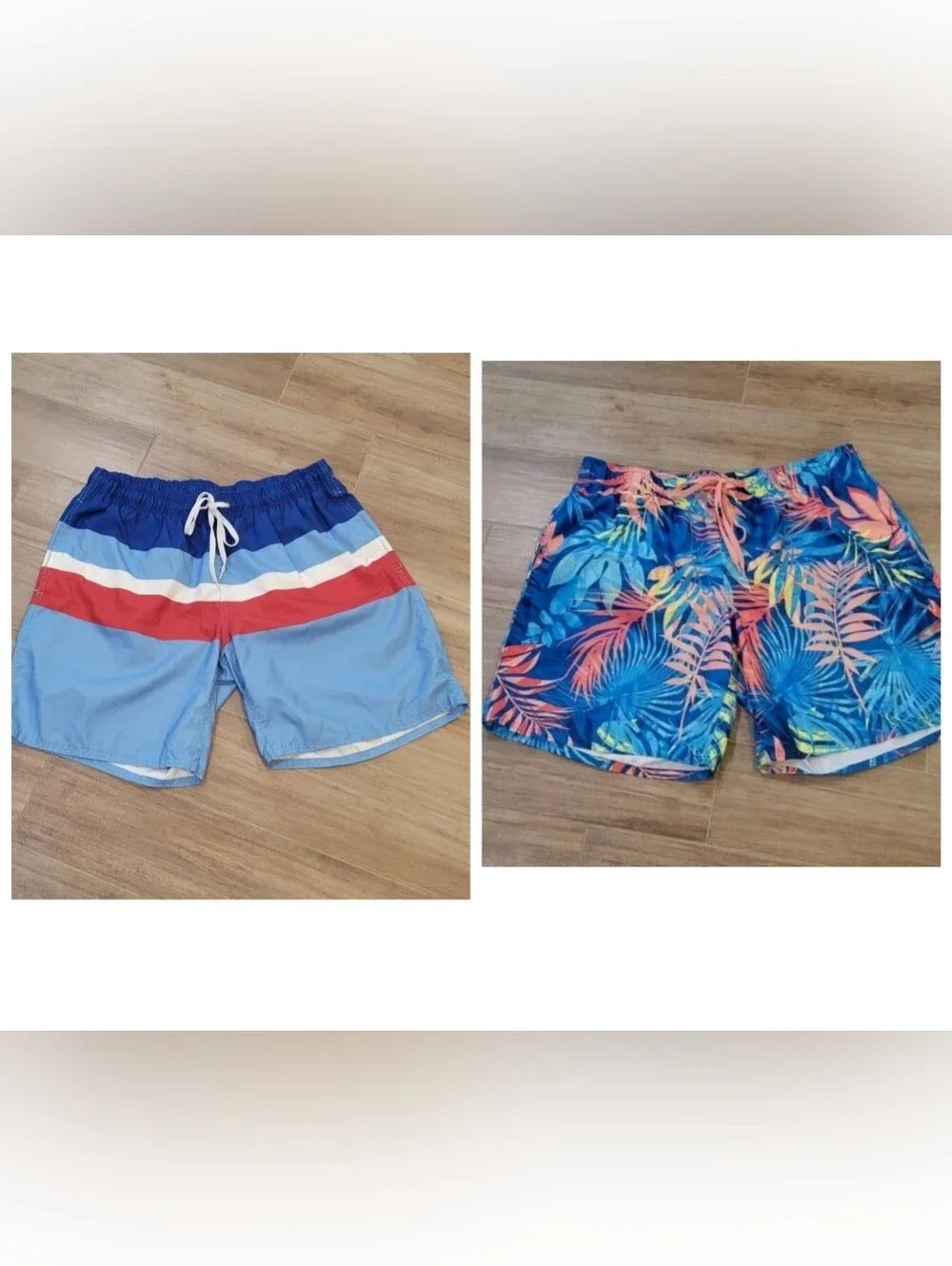 Mens Swim Short Trunks Board Elastic Waist, Pockets L Quick Dry Tropical/Patriot
